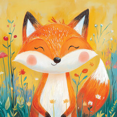 Aufkleber - Smiling fox illustration with flowers and vibrant yellow background
