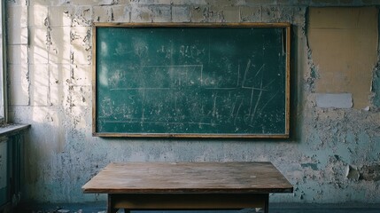 Poster - The worn green chalkboard and wooden table of a decaying classroom, reflecting the stillness of an abandoned school and the echoes of lost learning.