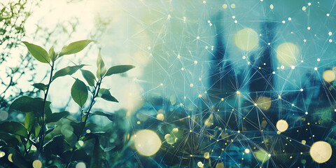 Poster - Nature's Digital Tapestry: An abstract composition intertwines delicate foliage with a digital network of interconnected nodes, symbolizing the synergy between nature and technology.