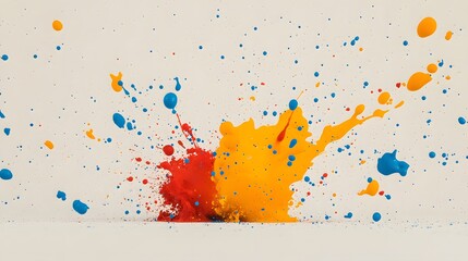Poster - Vibrant Splashes of Red, Yellow, and Blue Paint Creating an Artistic Explosion on a Neutral Background, Symbolizing Creativity and Expression in Art