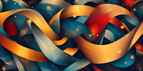 Poster - Abstract Ribbons Dance:  A mesmerizing swirl of golden, red, and blue ribbons intertwines, creating a dynamic and vibrant abstract artwork.