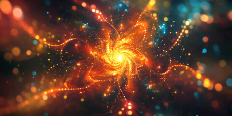 Poster - cosmic bloom: an abstract swirl of vibrant, fiery orange and teal energy explodes outward, creating 