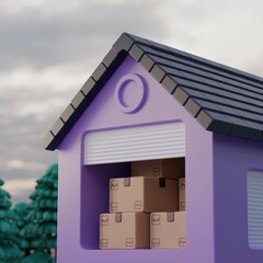 Poster - A purple house-shaped storage unit with a roll-up door, containing several cardboard boxes.