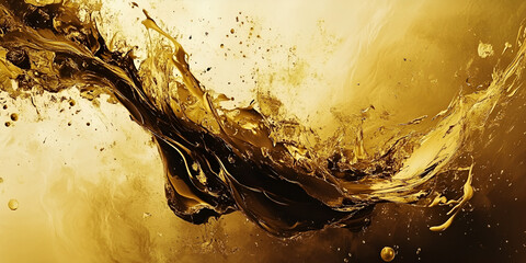 Poster - Golden Fluid Abstract: A mesmerizing abstract image featuring swirling, dynamic splashes of golden and dark brown liquid, creating a captivating interplay of light and shadow. The rich.