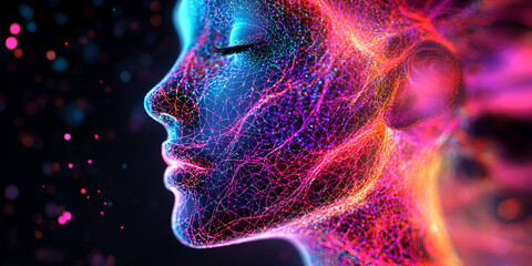 Poster - neon soul: abstract portrait of a woman, rendered in vibrant neon colors, creating a mesmerizing and