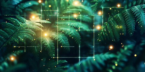 Poster - enchanted forest: a mystical digital art piece showcasing lush green ferns illuminated by glowing, e