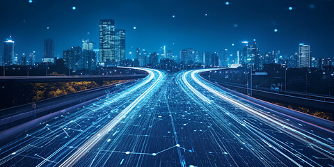Poster - Digital Highway: A futuristic cityscape at night, with glowing digital circuitry lines flowing across a highway that splits into two paths.
