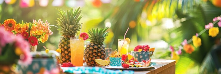 Aufkleber - Enjoy a vibrant summer picnic with tropical drinks and fresh pineapples in a lush garden setting. Generative AI