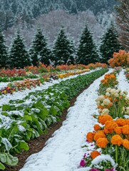 Aufkleber - Lush vegetable garden featuring rows of carrots, cabbages, and pumpkins surrounded by vibrant flowers. Generative AI