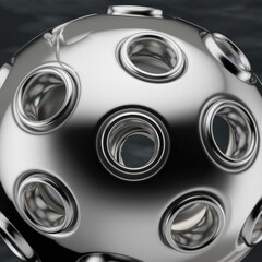 Leinwandbilder - A polished metallic sphere with multiple circular openings, reflecting dark surroundings.