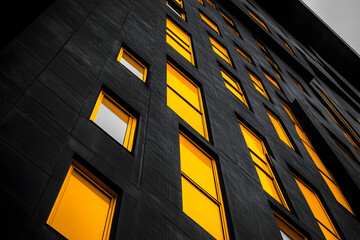 Wall Mural - Urban Glow: Golden Windows in Dark Facade: A low-angle shot captures the striking contrast of bright golden windows illuminating a dark, textured building facade at night.