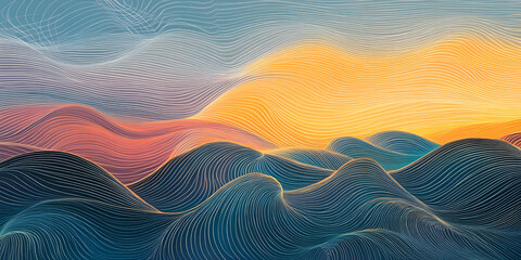 Poster - Sunset Over Abstract Mountains: A mesmerizing digital artwork depicting a sunset over stylized, wave-like mountains in a palette of deep blues, oranges, and soft pinks.