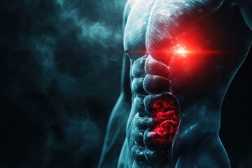 Poster - Glowing human torso with a prominent red focal point emanating from the stomach area. Generative AI