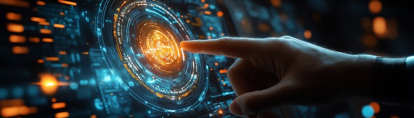 Poster - Closeup of a hand activating a glowing HUD interface, holographic display elements, cyber systems, futuristic technology, and immersive VR cyberspace