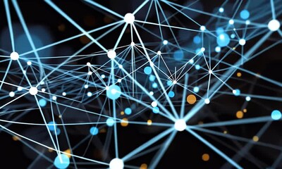 Aufkleber - Network of glowing connections linked by white nodes and blue lines on a dark background, representing data flow and technology.