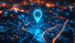 © Itsaree  - Futuristic blue 3D pin icon on a map, GPS navigation pointer, road map marker symbol, route direction sign, and global positioning system target search