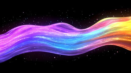 Poster - Vibrant Flowing Wave with Glittering Particles in Bright Colors Set Against a Dark Cosmic Background, Perfect for Abstract Designs and Digital Art
