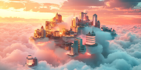 Poster - City Above the Clouds: A breathtaking aerial view of a futuristic city suspended among fluffy clouds at dusk. The warm hues of the setting sun cast a magical glow over the towering structures.