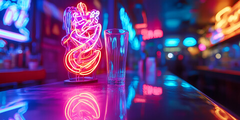 Poster - neon reflections: a vibrant neon sign casts a mesmerizing glow over a glass of water on a bar counte