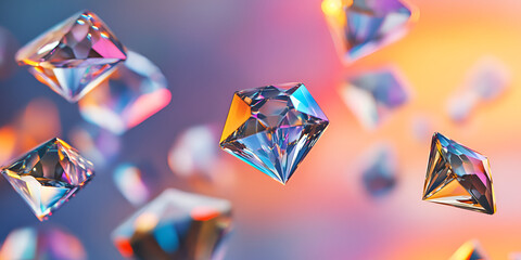 Poster - Shimmering Diamonds in Motion: A captivating abstract of multiple iridescent diamond-like structures float against a vibrant gradient background, showcasing the interplay of light and form.