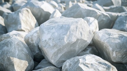 Poster - White marble rocks in a deserted quarry, with their smooth edges clearly visible, representing the extraction and elegance of natural stone.