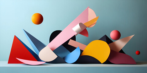 Poster - Abstract Geometric Composition: Vibrant colored shapes, including spheres, cylinders, and polygons, dynamically interact against a serene light-blue backdrop.