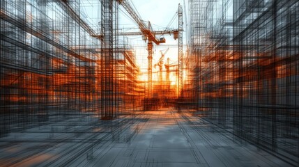 Poster - Construction Site Blueprint with Cranes at Sunset Glow