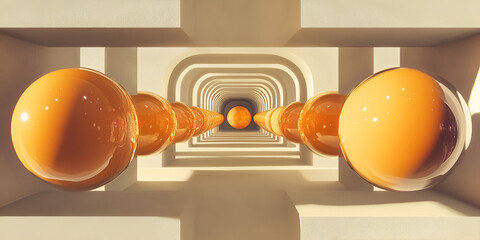 Poster - amber spheres in architectural tunnel: a mesmerizing perspective of a series of amber spheres arrang