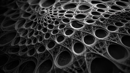 Poster - Abstract Cellular Structure: Intricate grayscale fractal pattern resembling a complex network of interconnected cells or organic forms.