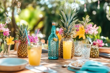 Aufkleber - Summer picnic featuring colorful tropical drinks and fresh pineapples set in a lush garden filled with vibrant flowers. Generative AI