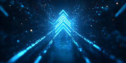 Poster - Ascending Through the Digital Realm: A mesmerizing abstract image of luminous blue arrows ascending into a futuristic, digital space, defined by a glittering and shimmering field of particles.