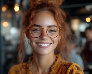 Wall Mural - Happy redhead woman smiling in cafe.