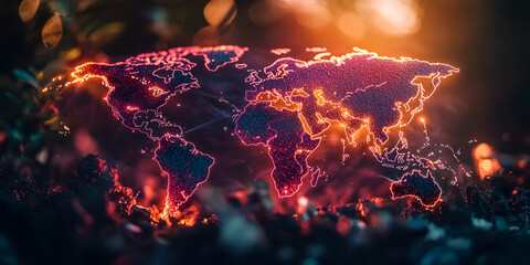 Poster - Global Connectivity: A world map emerges from a bed of embers, symbolizing the interconnectedness of humanity, the power of technology, and the resilience of our planet. 