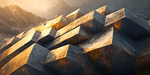 Poster - Golden Geometric Abstraction: Abstract 3D rendering of a metallic structure with a geometric pattern, showcasing a dynamic and powerful presence, illuminated by warm.