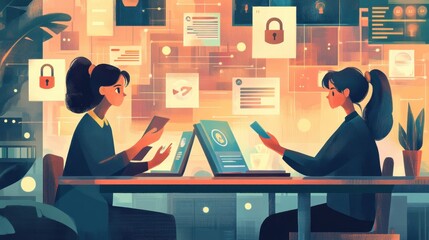 Poster - Two Women Discussing Data Security Concepts in Modern Office Setting