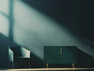 Poster - Modern interior, a sideboard in a blue-green color with brass legs standing against the wall next to an armchair on a dark background,