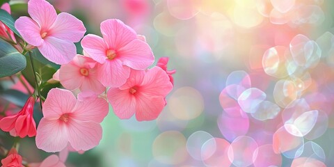 Wall Mural - Close up of vibrant pink periwinkles on the left against a soft abstract bokeh background featuring pastel tones and gentle light reflections