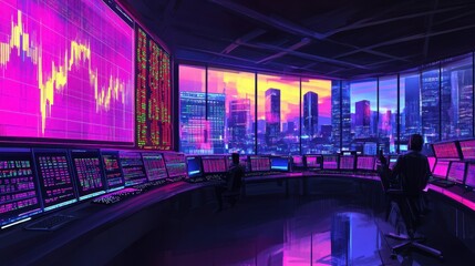 Poster - Futuristic Trading Room with Colorful Graphs and City View at Dusk