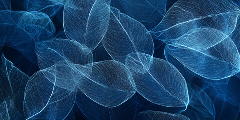 Poster - Abstract Blue Leaf Pattern: An ethereal, intricate pattern of delicate blue leaves, seemingly woven from light, dances against a dark background, inviting contemplation and dreams. 