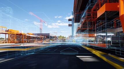 Poster - Futuristic Construction Site with Digital Wireframe Visualization