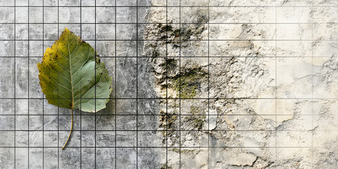 Poster - single leaf on a grid: a solitary, partially-yellowed leaf rests on a stark, gray tiled surface. the