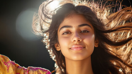 Wall Mural - indian model flipping her hair confidently, on white background.