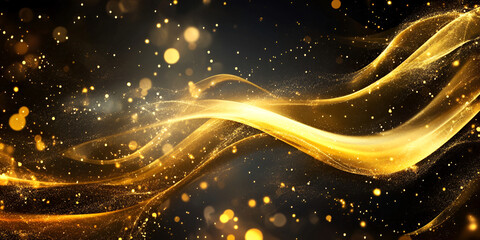 Poster - golden abstract flow: shimmering golden waves of light dance across a deep, dark backdrop, illuminat