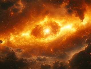 Fiery nebula with bright core and cosmic dust.