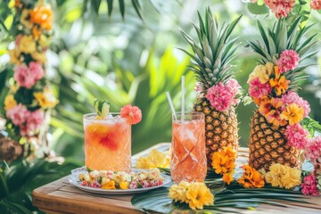 Aufkleber - Summer picnic with tropical drinks and vibrant pineapples surrounded by colorful flowers. Generative AI