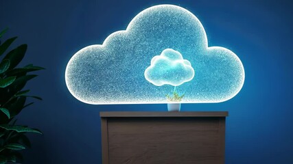 Poster - Digital Abstract Art with Glowing Cloud and Green Plant on Table Display