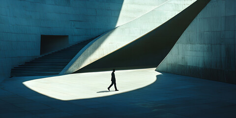 Poster - Silhouette in Geometric Architecture: A lone figure walks through an abstract, angular space, the sunlight casting long, dramatic shadows on the cool, concrete surfaces.