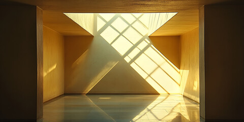 Wall Mural - Golden Hour Geometry: Abstract composition of sunbeams streaming through a geometric window pattern casting intricate shadows and reflecting on the smooth floor. 