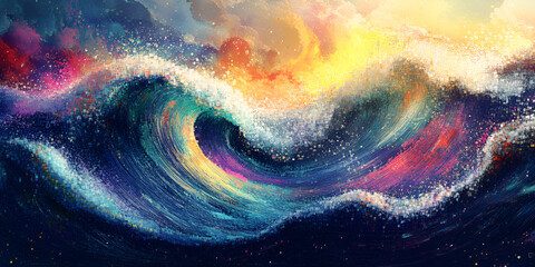 Poster - cosmic ocean wave: a vibrant, abstract painting depicting a powerful ocean wave with cosmic hues, sw