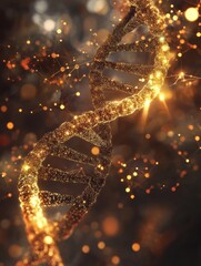 Aufkleber - Glowing DNA double helix illuminated by molecular connections and particles in a vibrant background. Generative AI